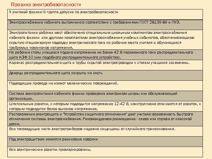 Правила электробезопасности У учителей физики III группа допуска по электробезопасности Электроснабжение кабинета выполнено в