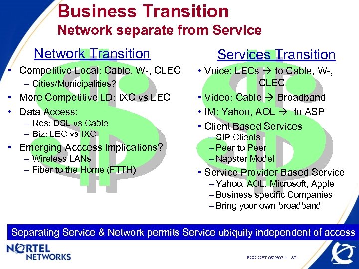 Business Transition Network separate from Service Network Transition • Competitive Local: Cable, W-, CLEC