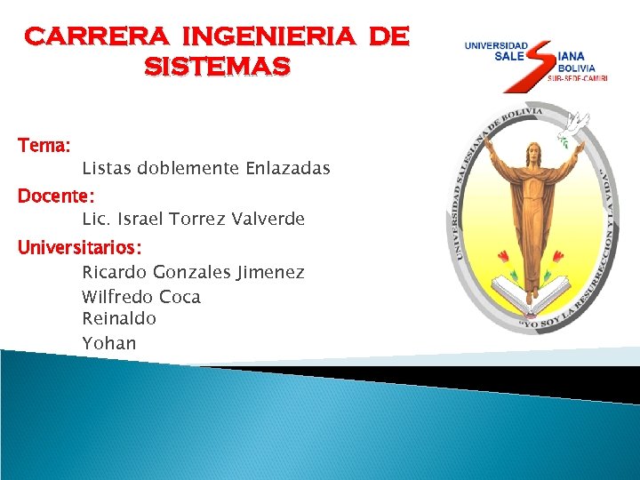 CARRERA INGENIERIA DE SISTEMAS Tema: Listas doblemente Enlazadas Docente: Lic. Israel Torrez Valverde Universitarios: