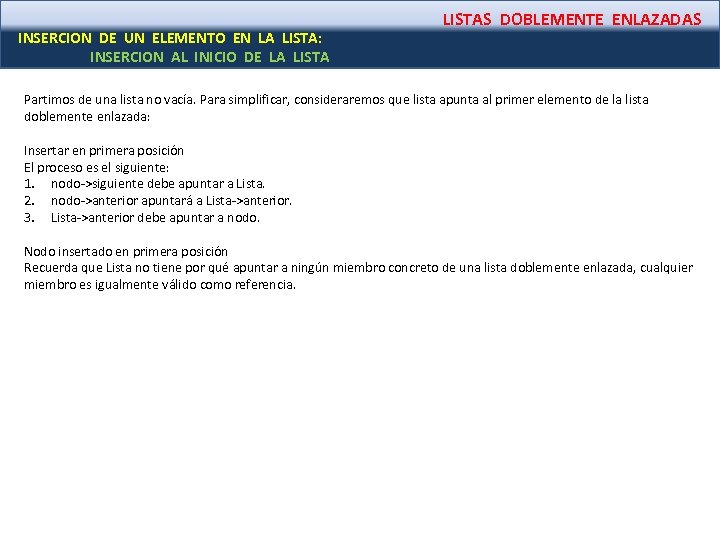 INSERCION DE UN ELEMENTO EN LA LISTA: INSERCION AL INICIO DE LA LISTAS DOBLEMENTE