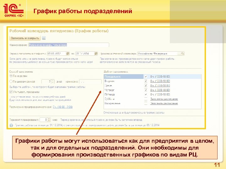 График работы подразделений Графики работы могут использоваться как для предприятия в целом, так и