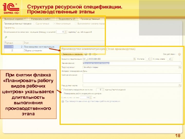 Структура ресурсной спецификации. Производственные этапы При снятии флажка «Планировать работу видов рабочих центров» указывается