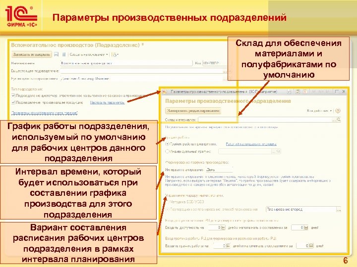 Параметры производственных подразделений Склад для обеспечения материалами и полуфабрикатами по умолчанию График работы подразделения,