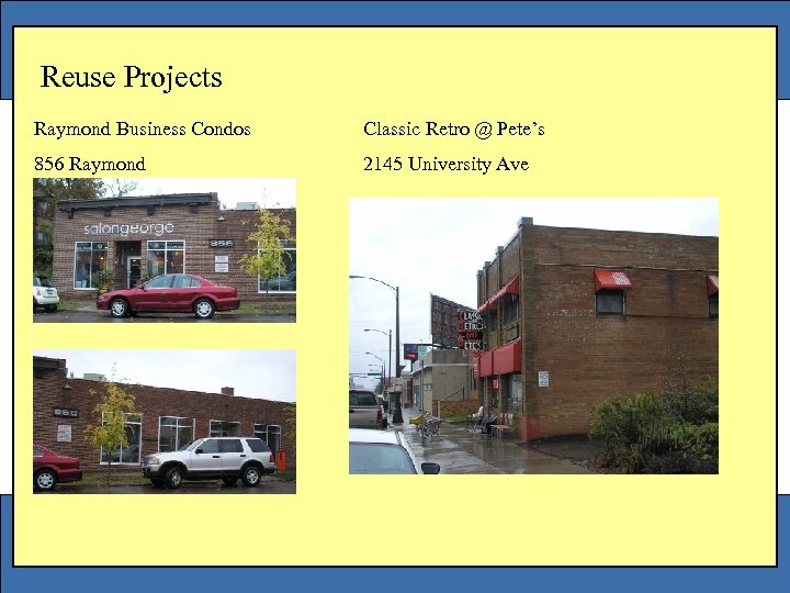 Reuse Projects Raymond Business Condos Classic Retro @ Pete’s 856 Raymond 2145 University Ave