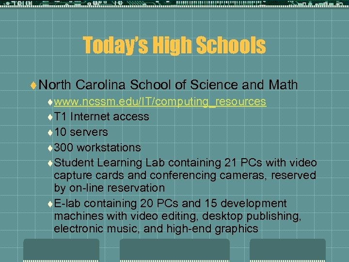 Today’s High Schools t North Carolina School of Science and Math t www. ncssm.