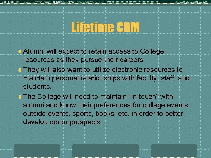Lifetime CRM t Alumni will expect to retain access to College resources as they