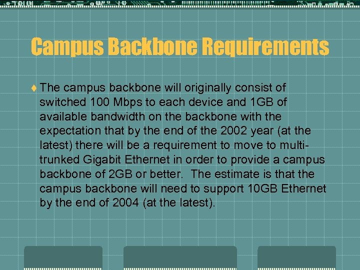 Campus Backbone Requirements t The campus backbone will originally consist of switched 100 Mbps