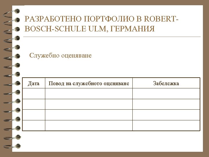 РАЗРАБОТЕНО ПОРТФОЛИО В ROBERTBOSCH-SCHULE ULM, ГЕРМАНИЯ Служебно оценяване Дата Повод на служебното оценяване Забележка