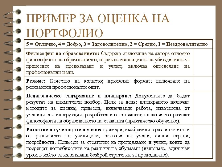 ПРИМЕР ЗА ОЦЕНКА НА ПОРТФОЛИО 5 = Отлично, 4 = Добро, 3 = Задоволително,