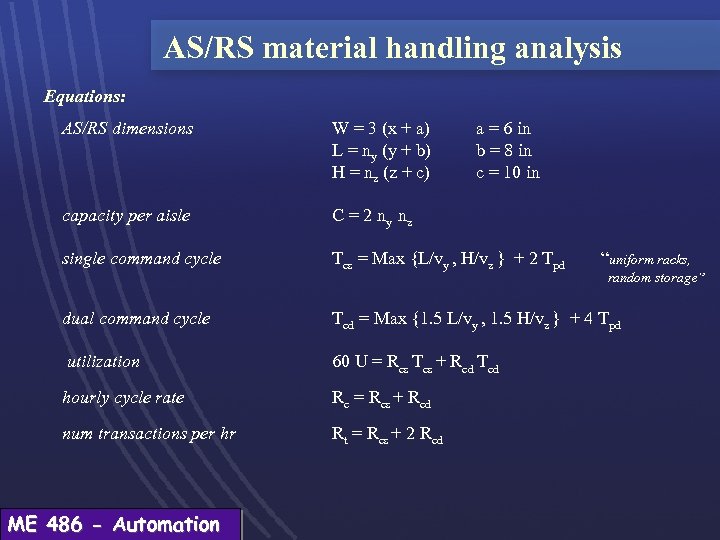 AS/RS material handling analysis Equations: AS/RS dimensions W = 3 (x + a) L