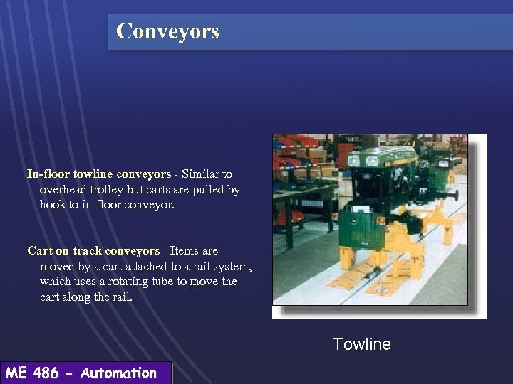 Conveyors In-floor towline conveyors - Similar to overhead trolley but carts are pulled by