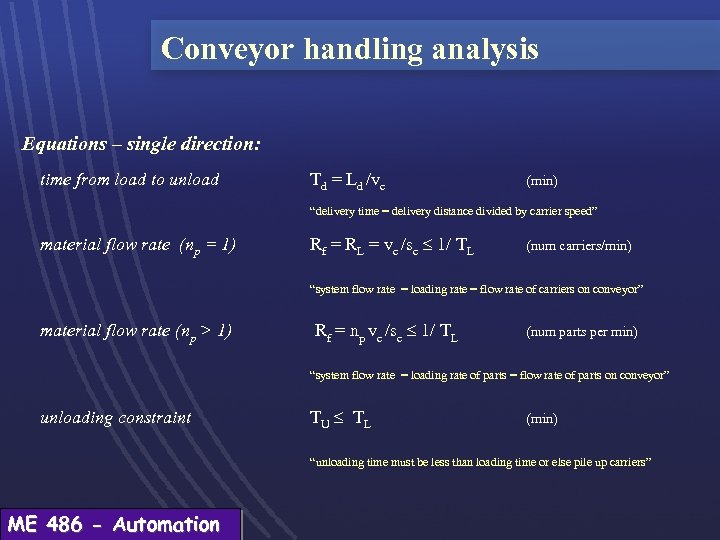 Conveyor handling analysis Equations – single direction: time from load to unload Td =