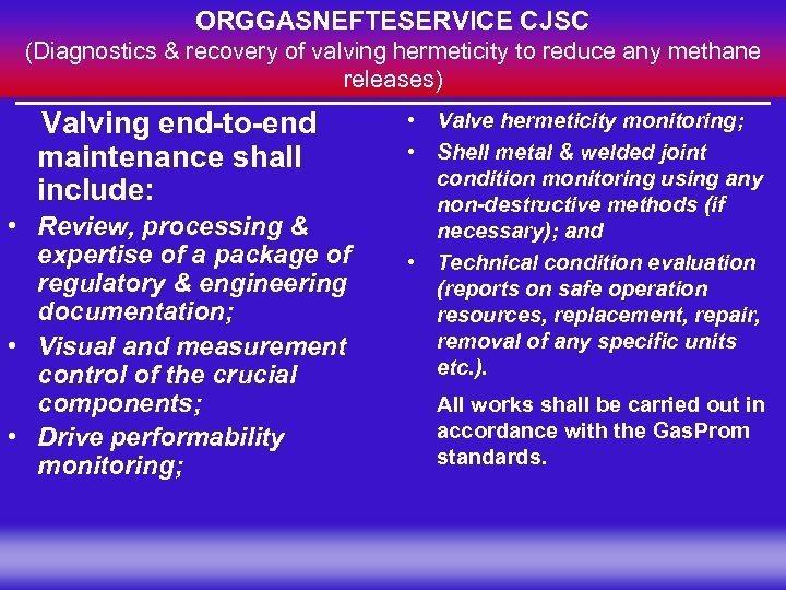 ORGGASNEFTESERVICE CJSC (Diagnostics & recovery of valving hermeticity to reduce any methane releases) Valving