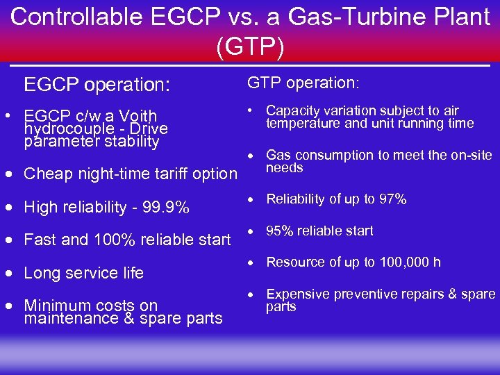 Controllable EGCP vs. a Gas-Turbine Plant (GTP) EGCP operation: • EGCP c/w a Voith