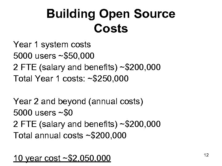 Building Open Source Costs Year 1 system costs 5000 users ~$50, 000 2 FTE
