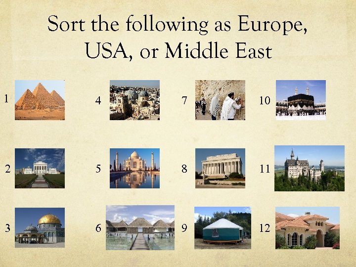 Sort the following as Europe, USA, or Middle East 1 4 7 10 2