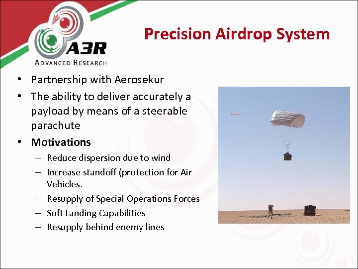 Precision Airdrop System • Partnership with Aerosekur • The ability to deliver accurately a