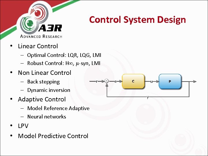 Control System Design • Linear Control – Optimal Control: LQR, LQG, LMI – Robust