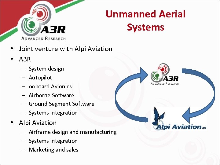 Unmanned Aerial Systems • Joint venture with Alpi Aviation • A 3 R –