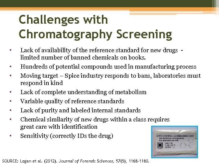 Challenges with Chromatography Screening • • Lack of availability of the reference standard for