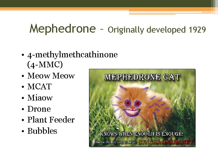 Mephedrone – Originally developed 1929 • 4 -methylmethcathinone (4 -MMC) • Meow • MCAT