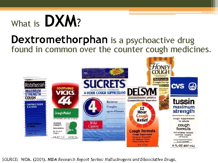 What is DXM? Dextromethorphan is a psychoactive drug found in common over the counter