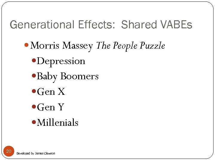 Generational Effects: Shared VABEs Morris Massey The People Puzzle Depression Baby Boomers Gen X