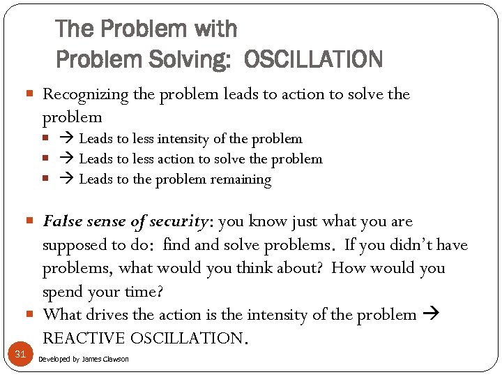 The Problem with Problem Solving: OSCILLATION Recognizing the problem leads to action to solve