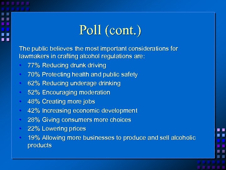 Poll (cont. ) The public believes the most important considerations for lawmakers in crafting