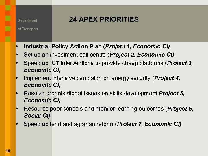 Department 24 APEX PRIORITIES of Transport • Industrial Policy Action Plan (Project 1, Economic