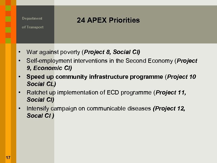 Department 24 APEX Priorities of Transport • War against poverty (Project 8, Social Cl)