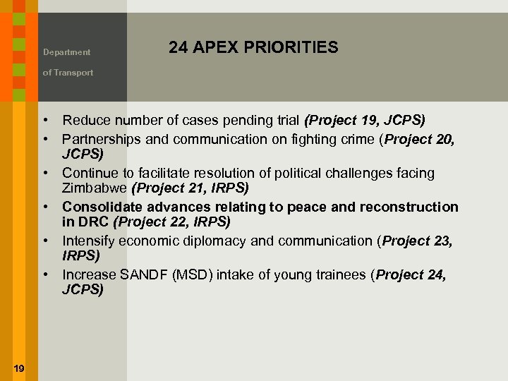 Department 24 APEX PRIORITIES of Transport • Reduce number of cases pending trial (Project