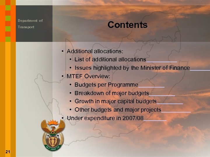 Department of Transport Contents • Additional allocations: • List of additional allocations • Issues