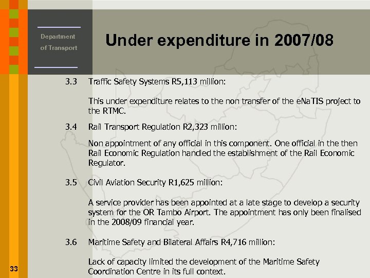 Department of Transport 3. 3 Under expenditure in 2007/08 Traffic Safety Systems R 5,