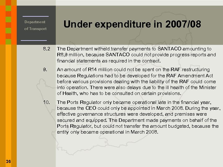 Department of Transport Under expenditure in 2007/08 8. 2 9. An amount of R