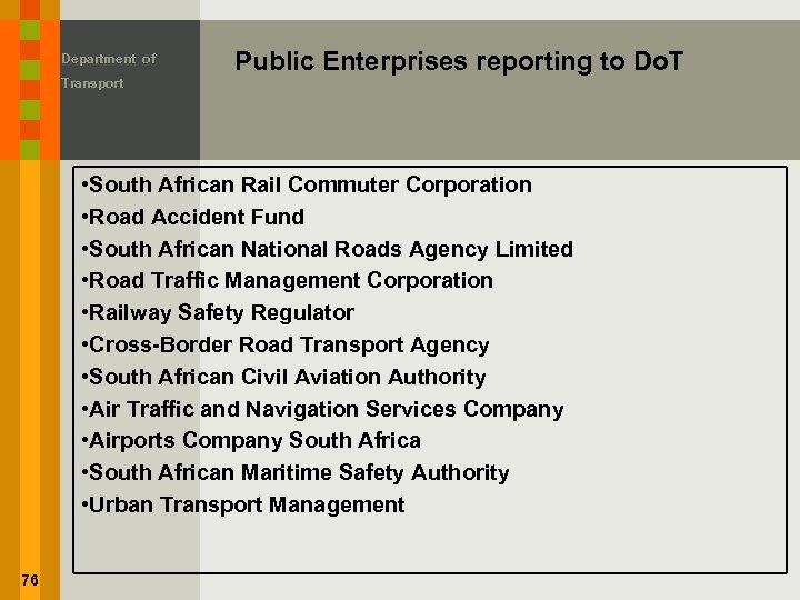 Department of Transport Public Enterprises reporting to Do. T • South African Rail Commuter