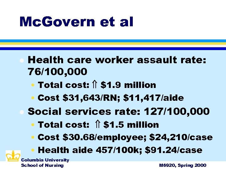 Mc. Govern et al l Health care worker assault rate: 76/100, 000 • Total