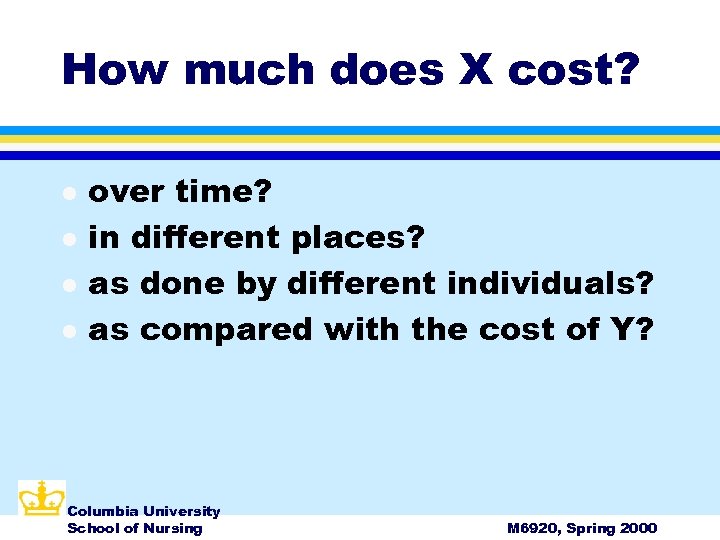 How much does X cost? l l over time? in different places? as done