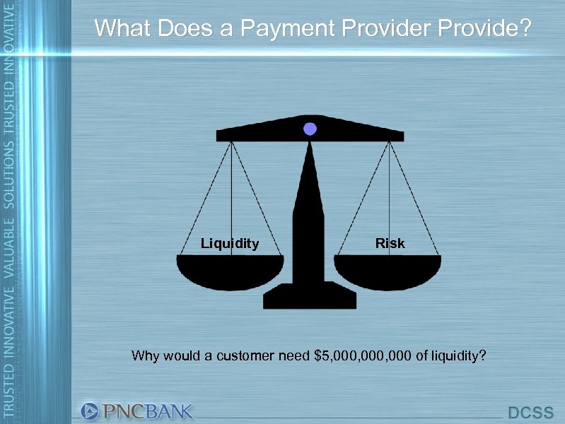 What Does a Payment Provider Provide? Liquidity Risk Why would a customer need $5,