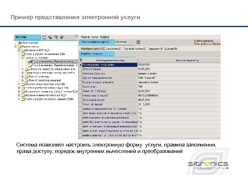 Пример представления электронной услуги Система позволяет настроить электронную форму услуги, правила заполнення, права доступу,