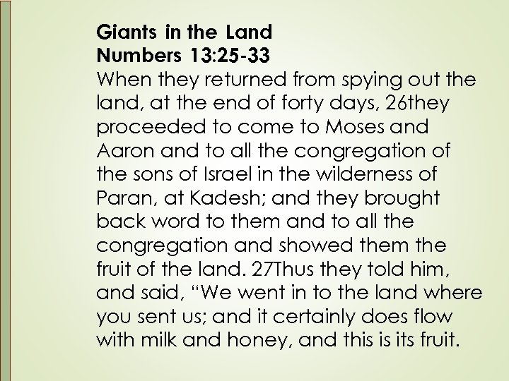 Giants in the Land Numbers 13: 25 -33 When they returned from spying out