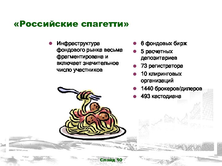 «Российские спагетти» ● Инфраструктура фондового рынка весьма фрагментирована и включает значительное число участников
