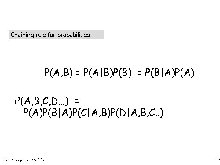 Chaining rule for probabilities P(A, B) = P(A|B)P(B) = P(B|A)P(A) P(A, B, C, D…)