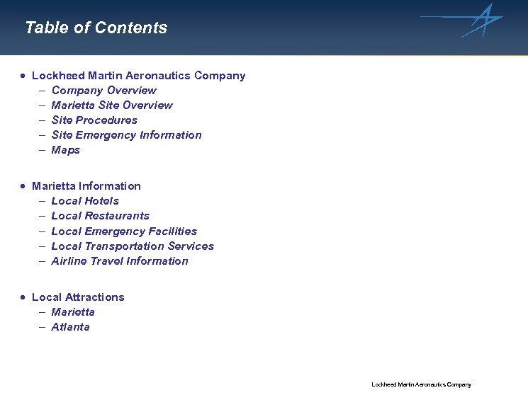 Table of Contents · Lockheed Martin Aeronautics Company - Company Overview - Marietta Site
