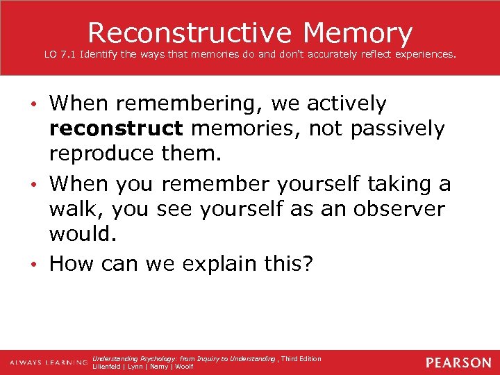 Reconstructive Memory LO 7. 1 Identify the ways that memories do and don't accurately