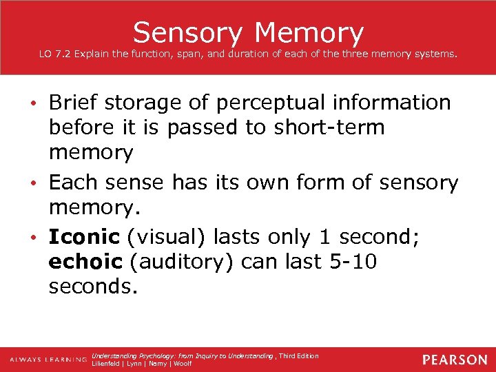 Sensory Memory LO 7. 2 Explain the function, span, and duration of each of