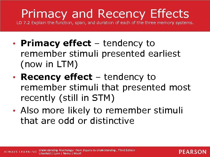 Primacy and Recency Effects LO 7. 2 Explain the function, span, and duration of