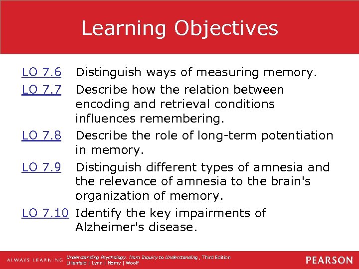 Learning Objectives LO 7. 6 LO 7. 7 Distinguish ways of measuring memory. Describe