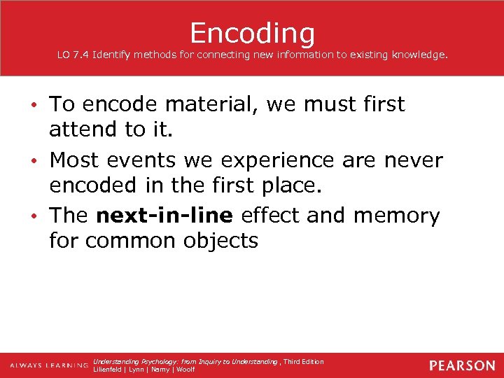 Encoding LO 7. 4 Identify methods for connecting new information to existing knowledge. •