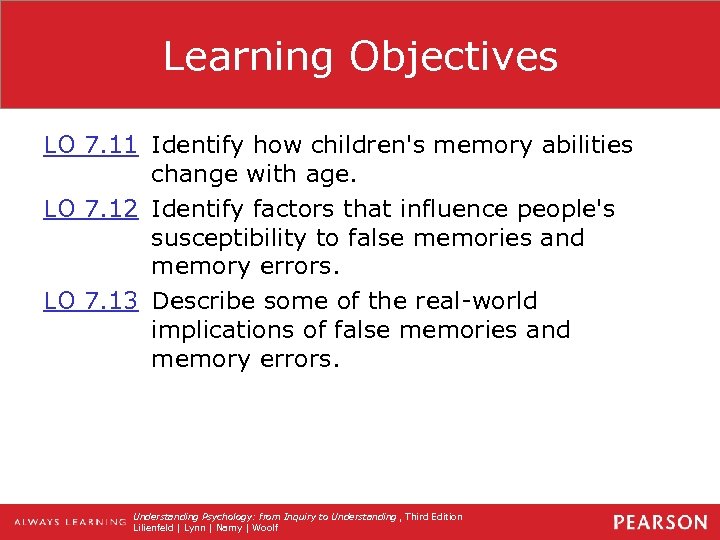 Learning Objectives LO 7. 11 Identify how children's memory abilities change with age. LO